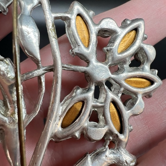 1930s Art Deco Czech Glass Pot Metal Flower Brooch Pin Foil Back Huge Nice Green - Picture 7 of 16